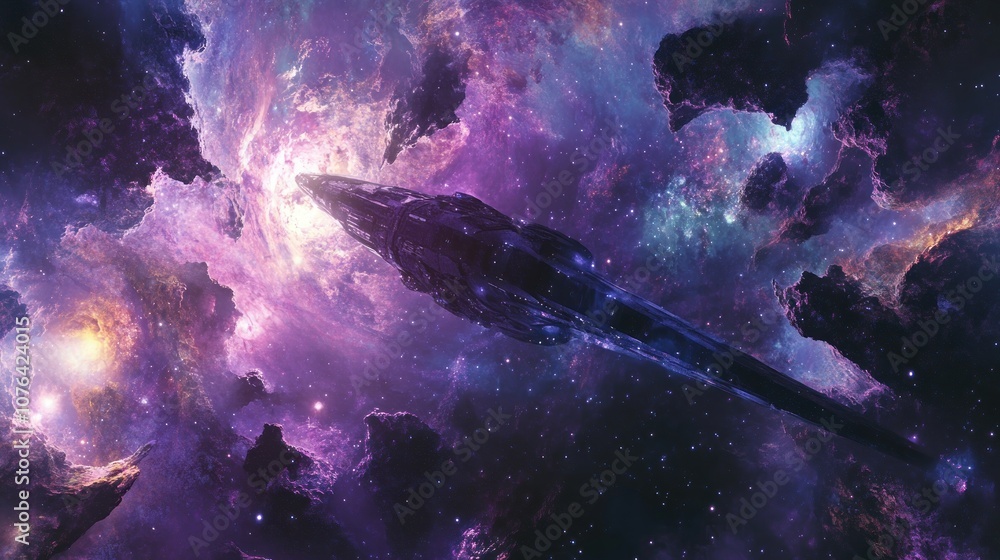 Poster a spaceship flying through a colorful nebula in space