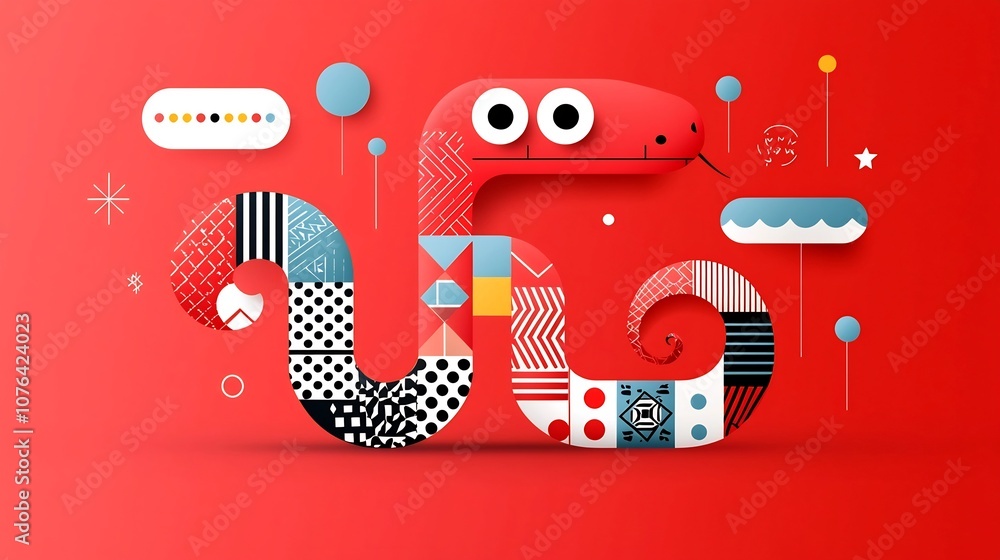Fototapete Minimalist flat of a stylized snake with geometric patterns on a vibrant red background featuring a playful and modern design