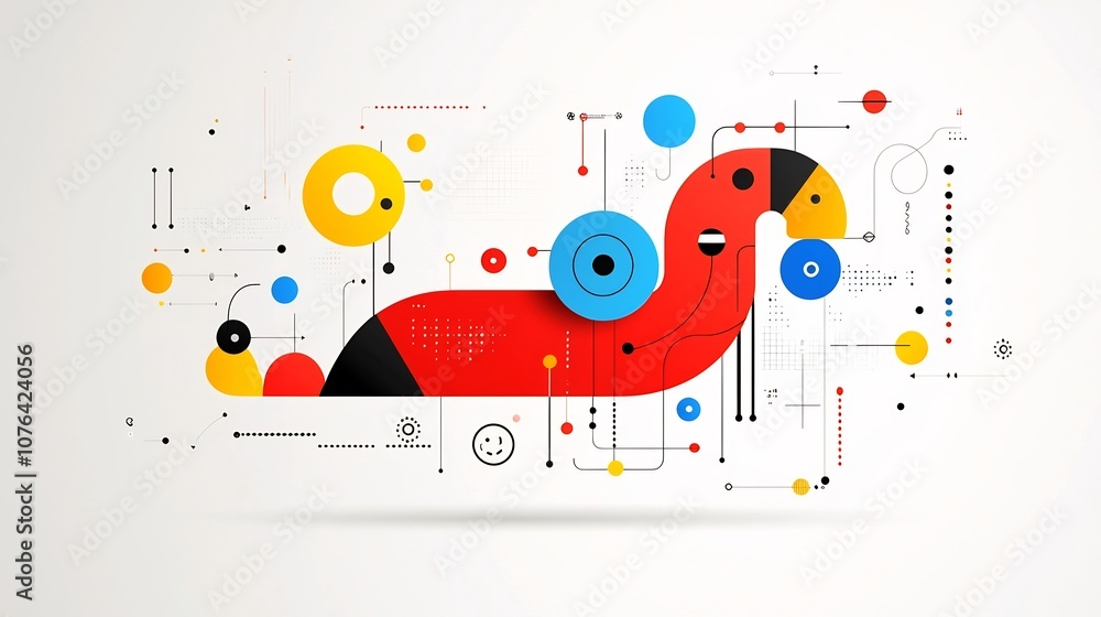 Leinwandbilder captivating geometric snake design with vibrant colors and abstract shapes on a bold red backdrop cr