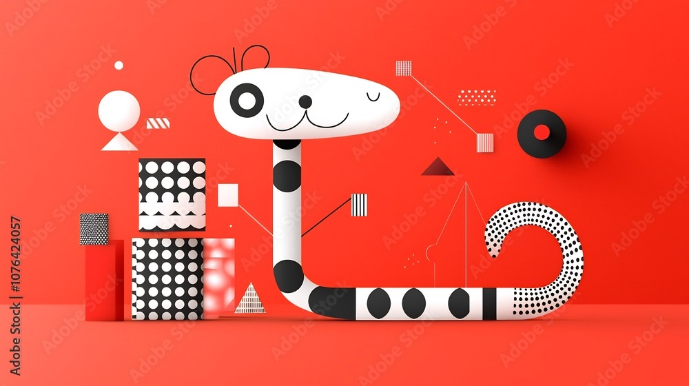 Fototapete Minimalist flat of a stylized snake with geometric patterns on a red background featuring a playful and modern design