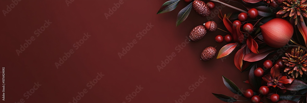 Fototapete elegant banner with fall berries and acorns on a dark maroon solid background thanksgiving day horiz