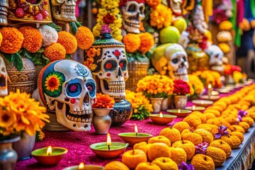 Capturing the Vibrant Spirit of Dia de los Muertos in Oaxaca's Bustling Mercado with Colorful Altars, Festive Decorations, and Intricate Sugar Skulls