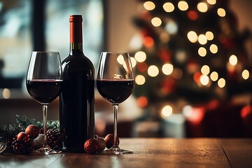 Christmas Wine Night with Glasses and Bottle Amid Festive Tree Decorations : Generative AI