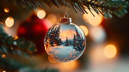 Obraz premium Beautiful Snowy Landscape Within a Christmas Ornament Sparkles with Festive Lights : Generative AI
