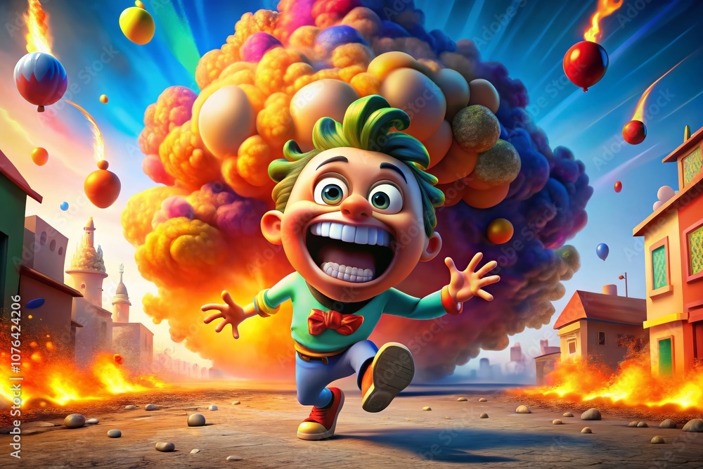 Poster cartoon character frantically escaping from a catastrophic bomb explosion in a colorful, whimsical s