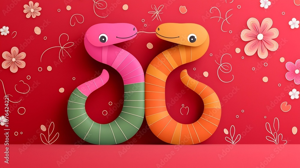 Poster Stylized of a colorful segmented snake in pink orange and green against a red background decorated with subtle floral shapes creating a modern and eye catching design element