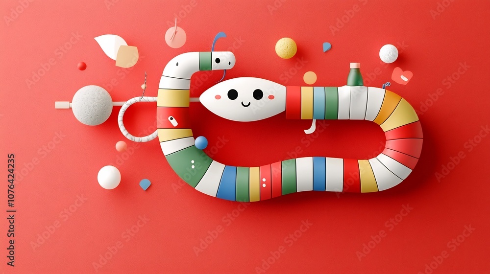 Poster Playful and Contemporary of a Colorful Segmented Snake Against a Minimalist Red Background Capturing a Creative and Imaginative Aesthetic