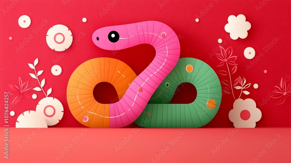 Poster stylized flat design of a snake composed of pink orange and green geometric segments against a vibra