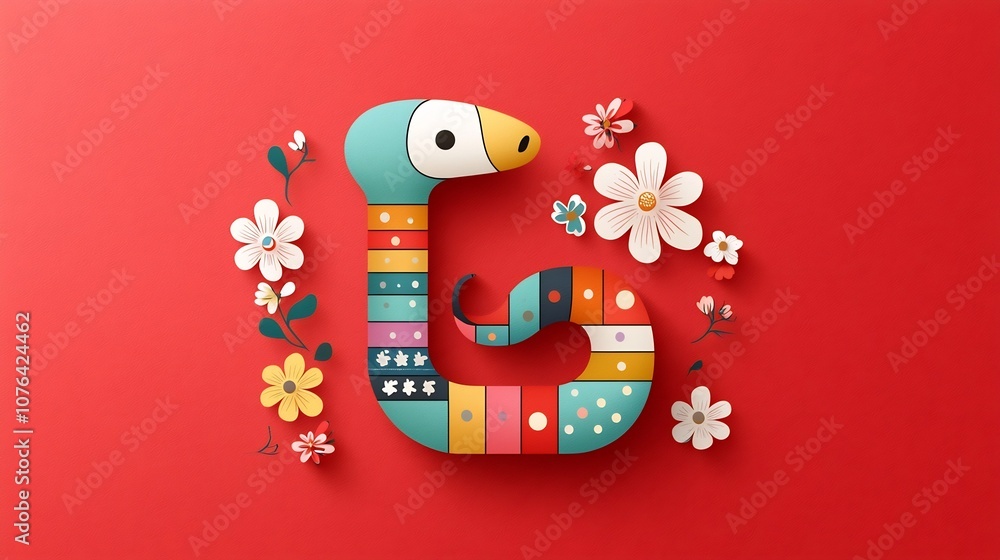 Fototapete Vibrant and dynamic showcasing a segmented snake in striking colors positioned on a solid red background and accented with decorative floral elements