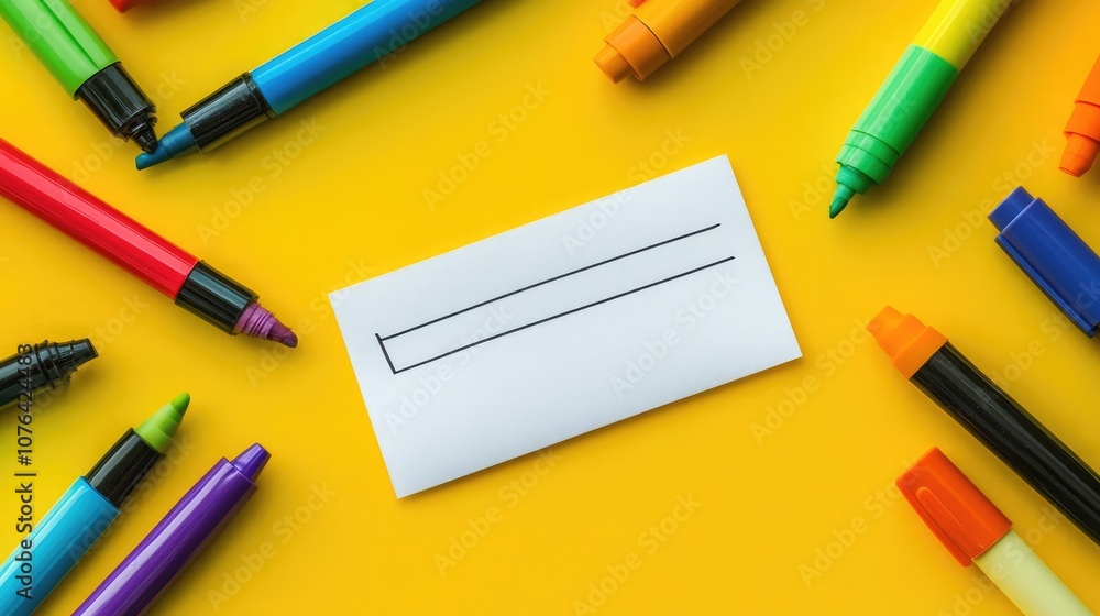 Poster a blank card with a drawn line on a yellow background surrounded by various colorful markers.