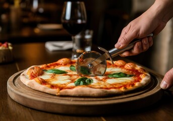 Cook cutting margherita pizza with mozzarella cheese and basil using pizza cutter on wooden board in pizzeria