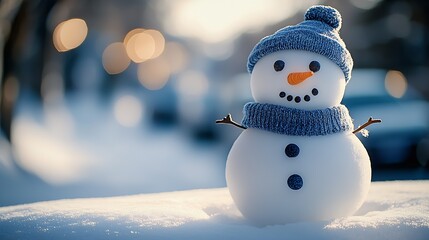 Fototapeta premium Charming Snowman on Winter Day with Bright Blurred Lights Creating a Cozy Seasonal Atmosphere : Generative AI