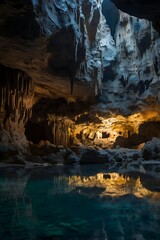 A mysterious underground cave with stalactites, rock formations, and dim reflections in an underground lake, creating an eerie, shadowy atmosphere.