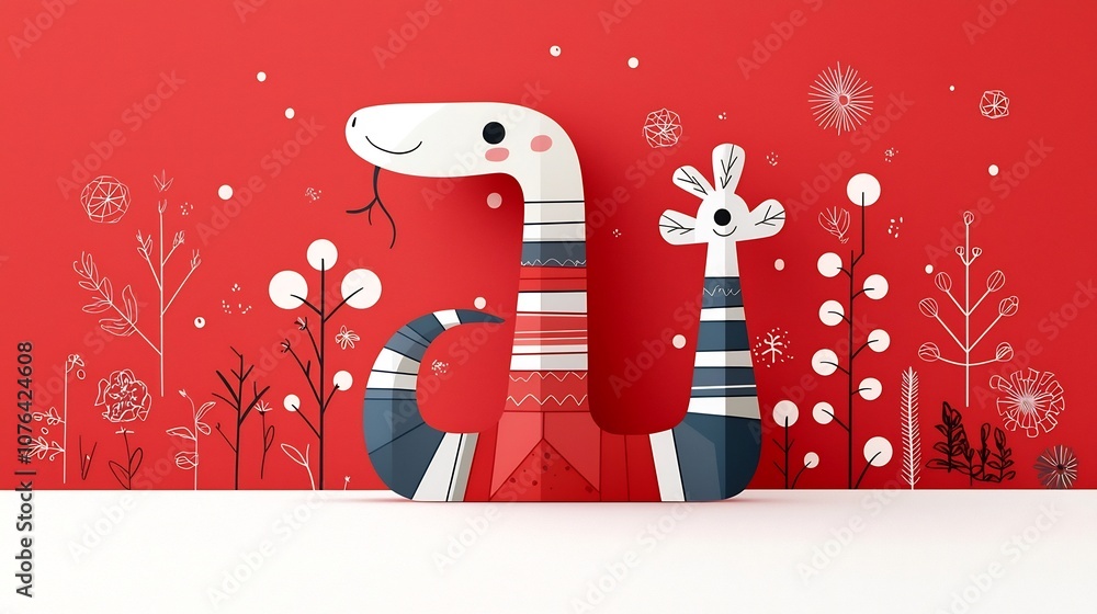 Poster Playful and modern geometric snake in a flat style using a vibrant red background with elegant floral designs to enhance the visual interest and create a dynamic stylized art piece