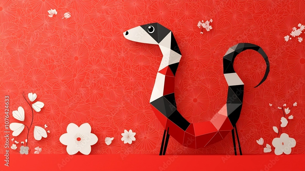 Aufkleber vibrant geometric snake in flat style with decorative floral red background for visually striking an