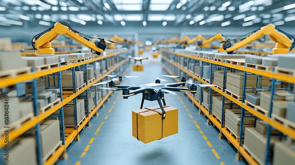 Poster Futuristic warehouse scene showcasing advanced logistics technology with automated drones transporting packages through an organized network of shelves and robotic arms efficiently moving goods