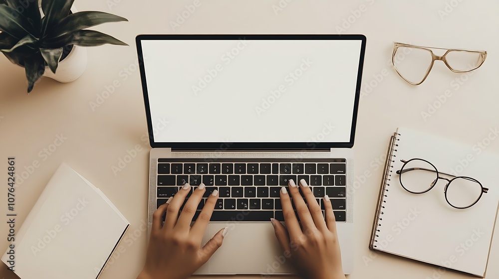 Poster minimalist work desk with laptop typing creating a modern efficient freelance home office environmen