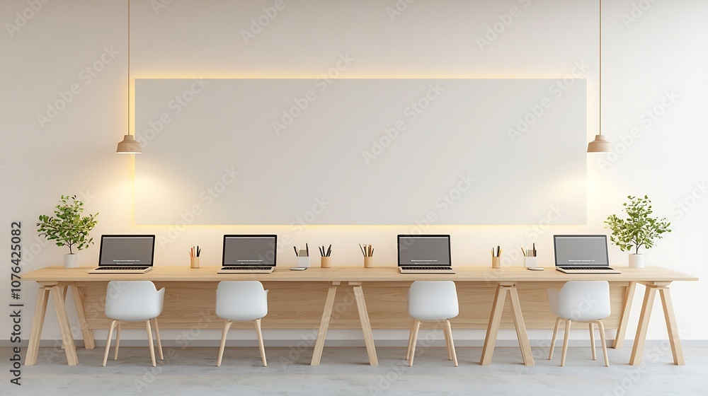 Leinwandbilder Serene and Spacious Office Workstation Setup with Six Laptops on Desk Subtle Lighting and Blank Wall Perfect for Design Mockups and Renderings