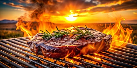 Charcoal Barbecue Grilled Steak Silhouette at Sunset with Smoke and Flames Creating a Perfect Grill Time Experience for Outdoor Cooking Lovers