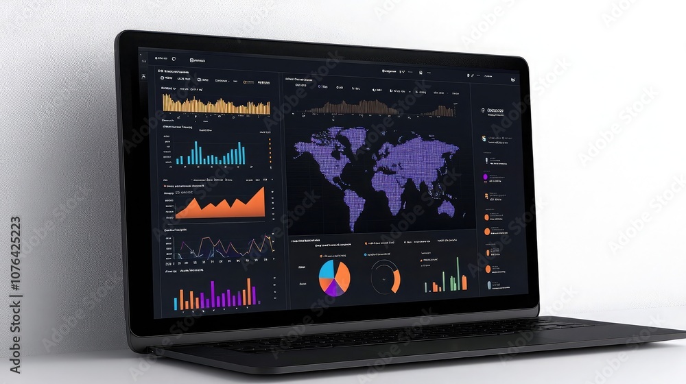 Aufkleber a laptop screen displays a variety of colorful graphs and charts, including a world map, indicating 