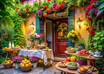 Obraz premium Charming Entrance to a House Surrounded by Lush Greenery and Inviting Food Arrangements for a Warm Welcome
