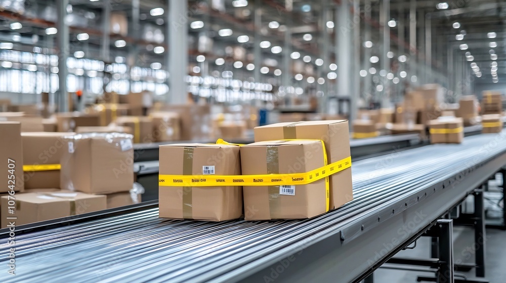 Poster Close up view of an automated conveyor belt transporting packaged goods with yellow tape in an industrial warehouse setting