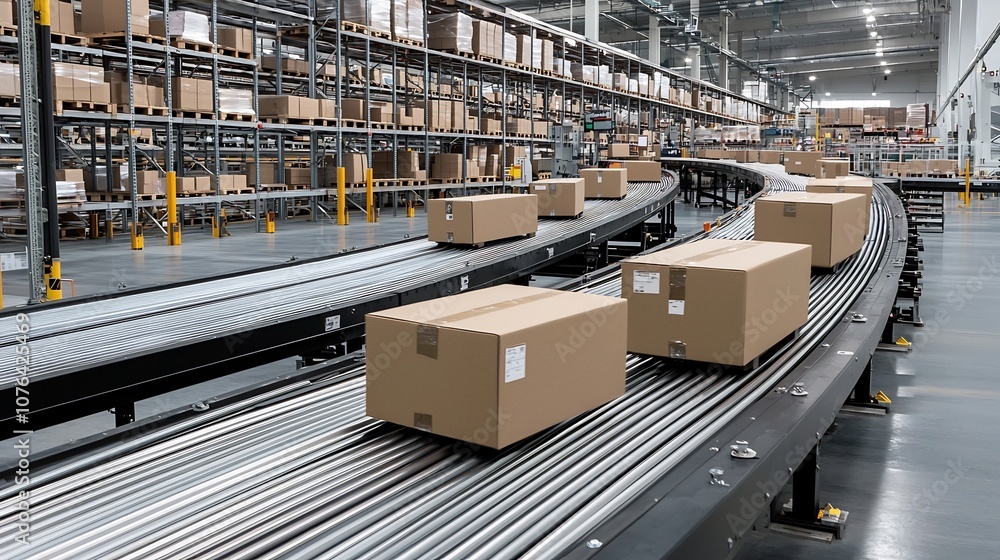 Aufkleber Streamlined Warehouse with Automated Conveyor Belt and Boxes Showcasing Efficient Packaging Smooth Distribution Flow and Optimized Logistics