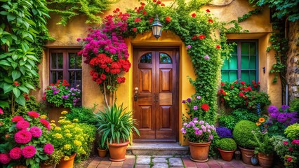 Charming House Door with Decorative Elements and Natural Surroundings, Ideal for Home Decor and Real Estate Marketing, Emphasizing Welcoming Entryways and Architecture