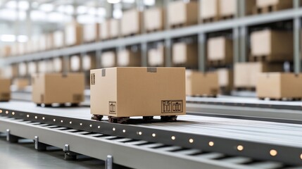 Close up view of cardboard boxes on a conveyor belt showcasing the efficiency and automation of modern warehouse logistics and distribution processes