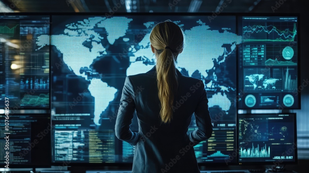 Poster a woman in a suit stands in front of a wall of monitors displaying a world map and data. she's focus