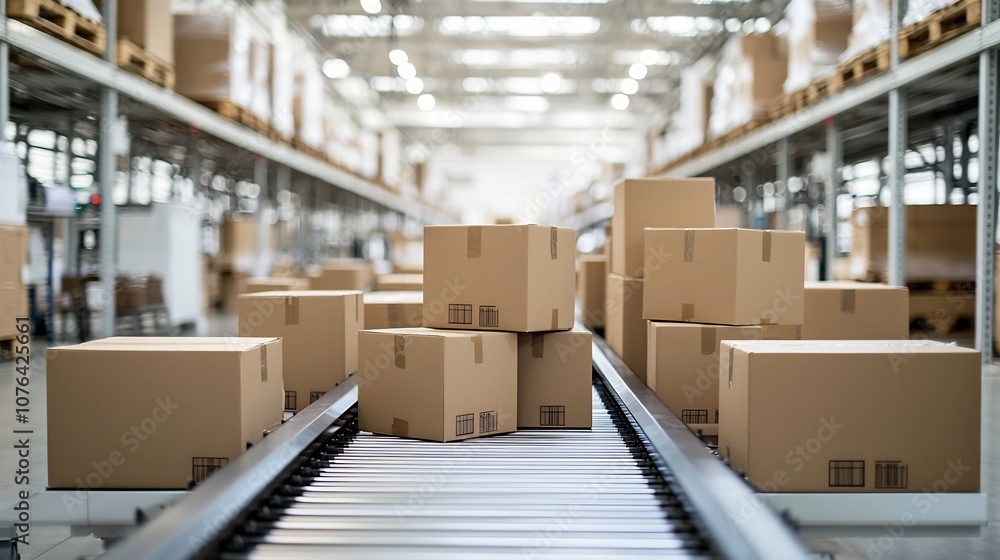 Poster Neatly packed cardboard boxes moving along a conveyor belt in a high tech warehouse showcasing the efficient organization and automation of logistics and supply chain