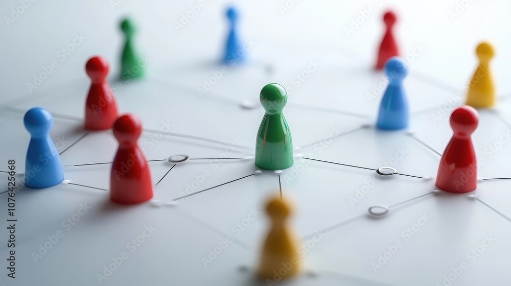 Poster colorful game pieces are connected by thin lines on a white surface, creating a complex network.