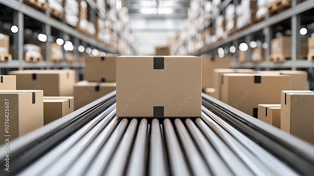 Poster Conveyor belt loaded with neatly packed cardboard boxes in a high tech warehouse showcasing organized logistics and efficient material handling processes in a blurred industrial background