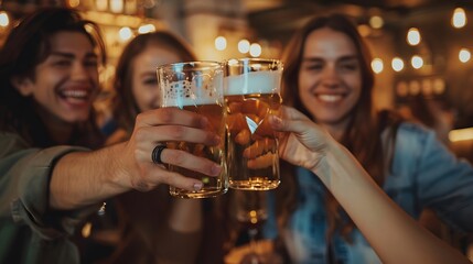 Friends clinking glasses of beer in a bar.