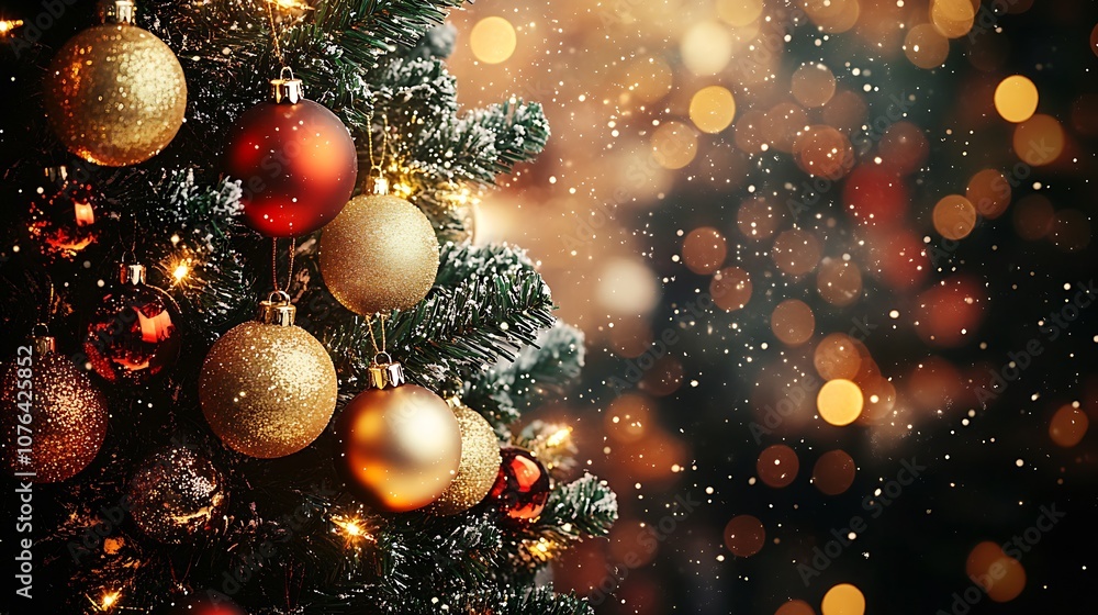 Poster elegant christmas tree with sparkling decorations and winter snowfall : generative ai