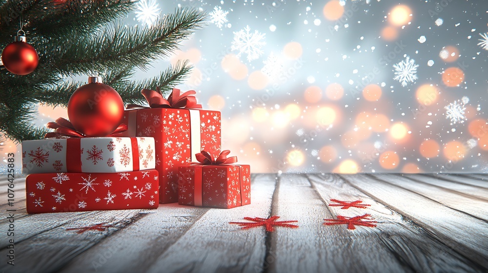 Poster festive christmas presents and red ornaments with snowy background on rustic wooden table : generati