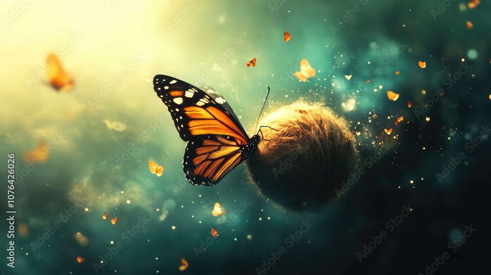 Poster a monarch butterfly with vibrant orange wings, a symbol of transformation, rests on a spherical, fuz