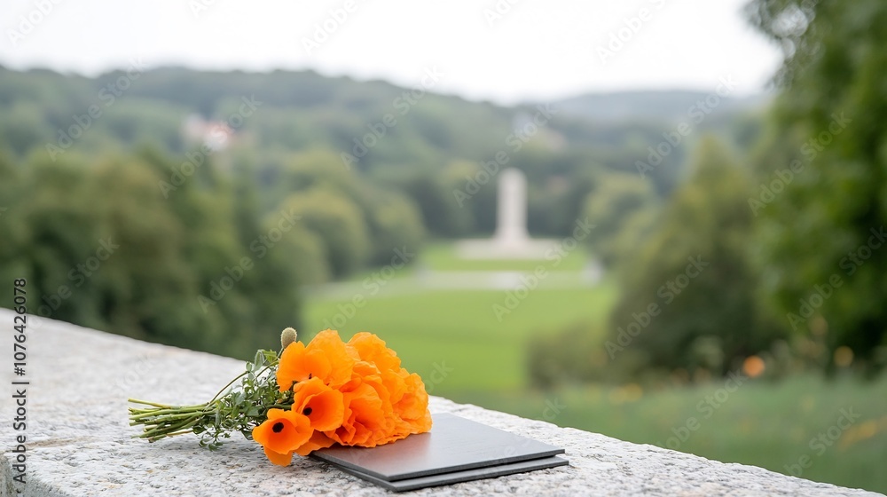 Poster close up of a vibrant orange poppy bouquet resting on a stone in a memorial setting with a blurred g