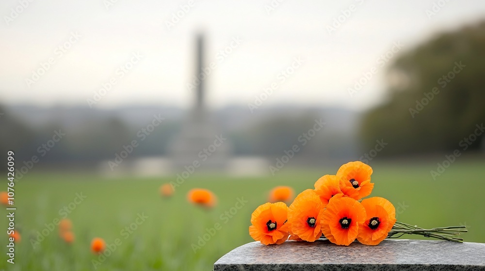 Poster vibrant orange poppy bouquet resting on a stone in a memorial setting with a blurred green landscape
