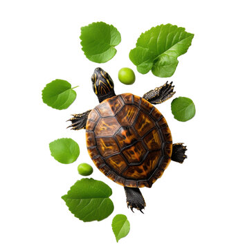 Turtle with green leaves on a transparent background
