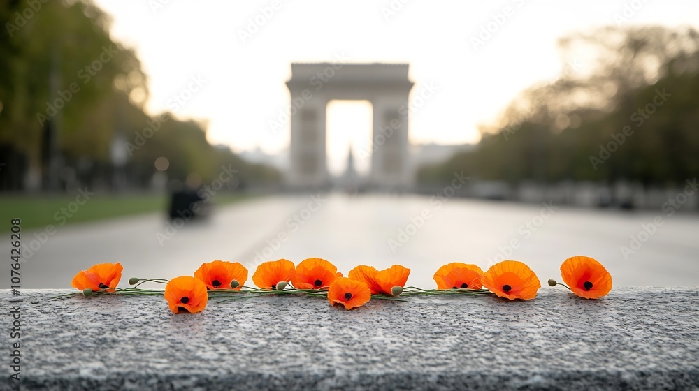 Aufkleber Serene memorial setting with carefully arranged orange poppies laid on a stone surface with a blurred monument visible in the background capturing a scene of peace reflection and remembrance in soft