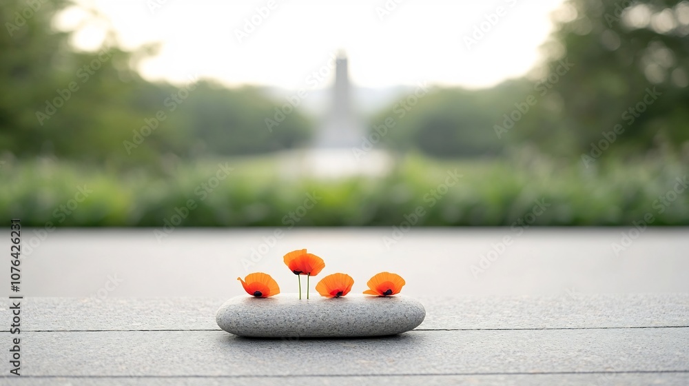 Poster Serene tribute with vibrant orange poppies resting on a smooth stone surface symbolizing respect and contemplation  The softly focused background features lush greenery and a distant monument