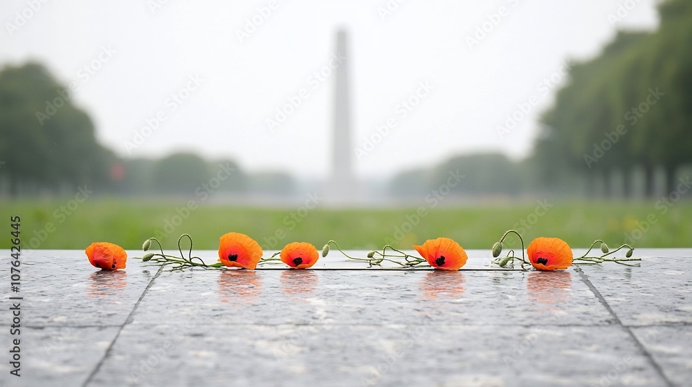 Poster vibrant poppies resting on a memorial stone honoring the past with a softly blurred green landscape 