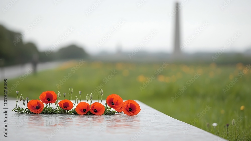 Poster vibrant red poppies resting on a memorial stone honoring the past with a softly blurred green landsc