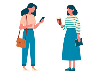 Young people, students, girls, discussing, with bags and phones in their hands, in different clothes.