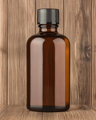 A stylish brown glass bottle on a wooden background, perfect for organic liquids.