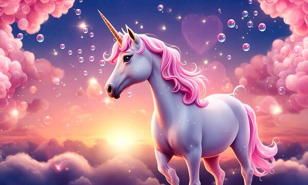A magical white unicorn with a pink mane and tail stands on a cloud with a pink and purple sunset and bubbles in the background.
