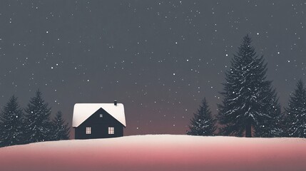 Naklejka premium Cozy wooden cabin covered in snow during a winter nightfall