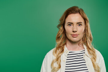 Fototapeta premium A woman with lovely curly hair stands confidently against a vibrant green background, exuding casual charm.