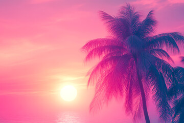 Fototapeta premium Retro Sunset with Palm Silhouettes, Vaporwave Style